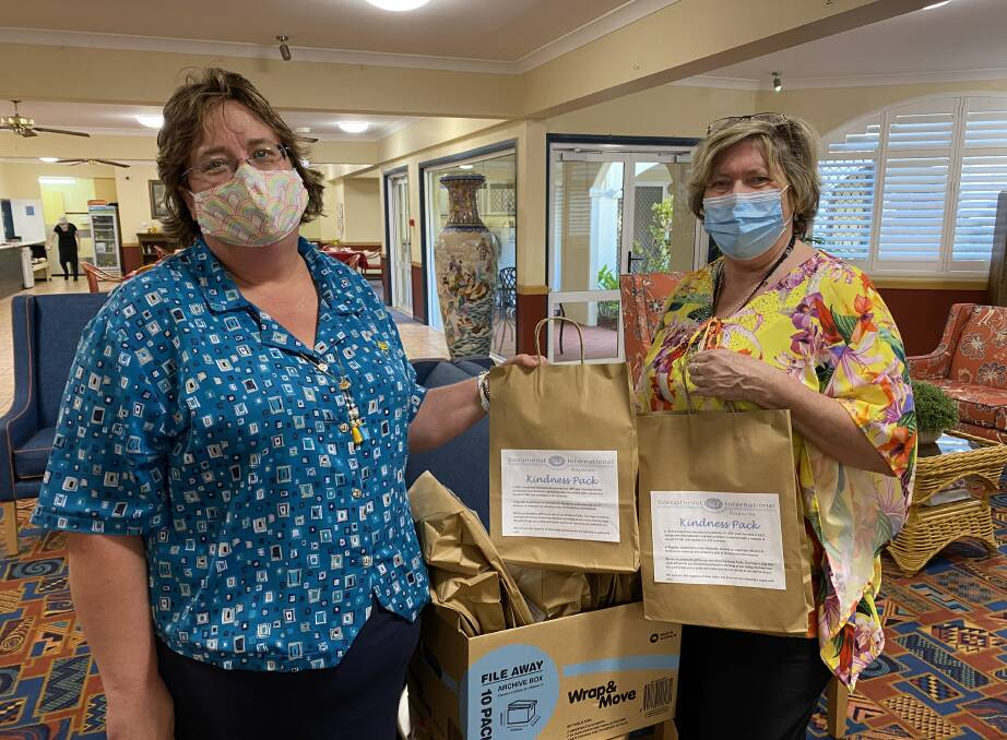 CARE: Sue Myers delivers kindness packs to Jan Winton at the Mandalay Retreat Care