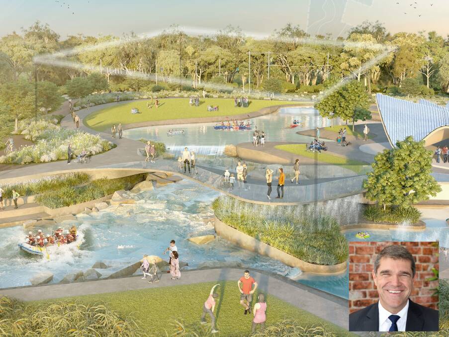 WATER SPORTS: A designer's impression of the adventure and recreation ideas at the Birkdale Community Precinct. (Inset) Olympic paddler Andrew Trim.