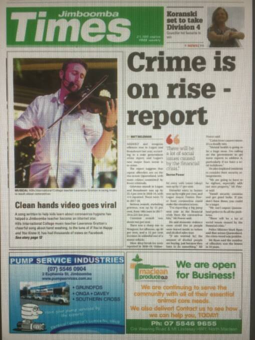 FRONT PAGE: Queensland government crime report published in the Jimboomba Times earlier this month 