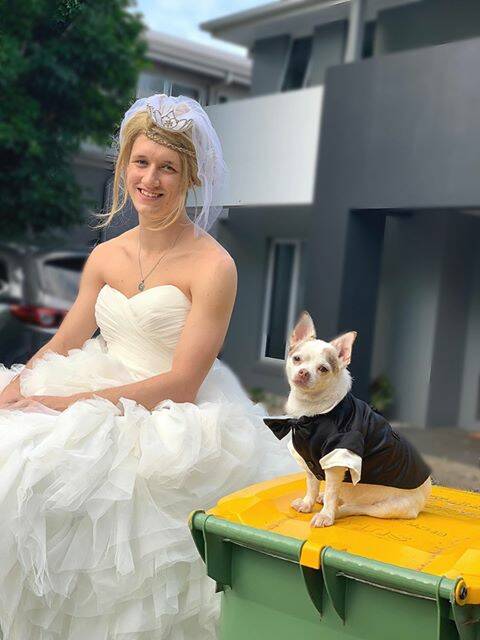 BLUSHING BRIDE: Flynn Clifford-Smith and Terry strike a pose on bin day in Cleveland.