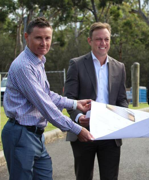 PLANS: Bowman MP Andrew Laming, Health Minister Steven Miles pose with the car park plans at Redland Hospital. Photo: Jordan Crick