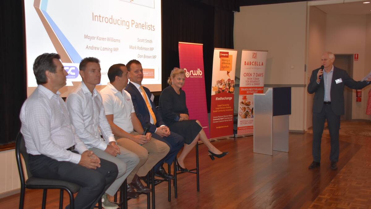 GO FOR GOLD: Oodgeroo MP Mark Robinson, Bowman MP Andrew Laming, Capalaba MP Don Brown, CEO of Council of Mayors Scott Smith and Mayor Karen Williams talk 2032 Olympic Bid at the Redlands Coast Chamber of Commerce breakfast.