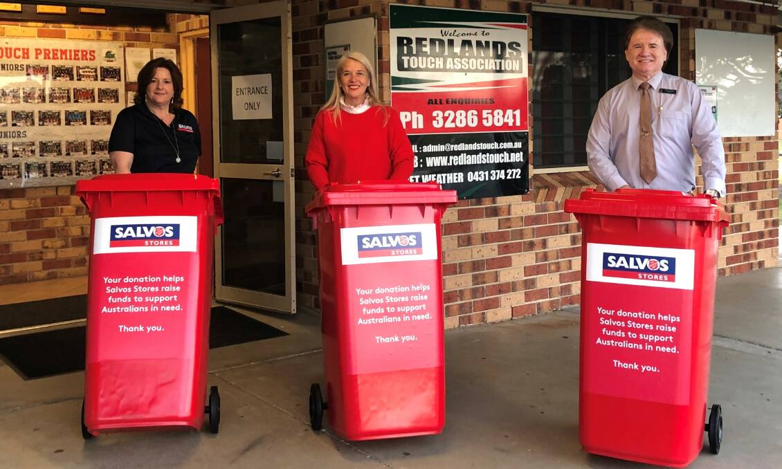 HOT WHEELS: Salvos stores area manager Madeleine McGowan with Redlands MP Kim Richards and Cr Lance Hewlett are ready for donations.
