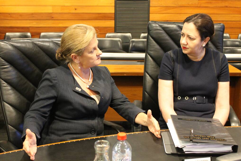 HEADS TOGETHER: Mayor Karen Williams talks to Premier Annastacia Palaszczuk before the cabinet meeting. Photo: Cheryl Goodenough