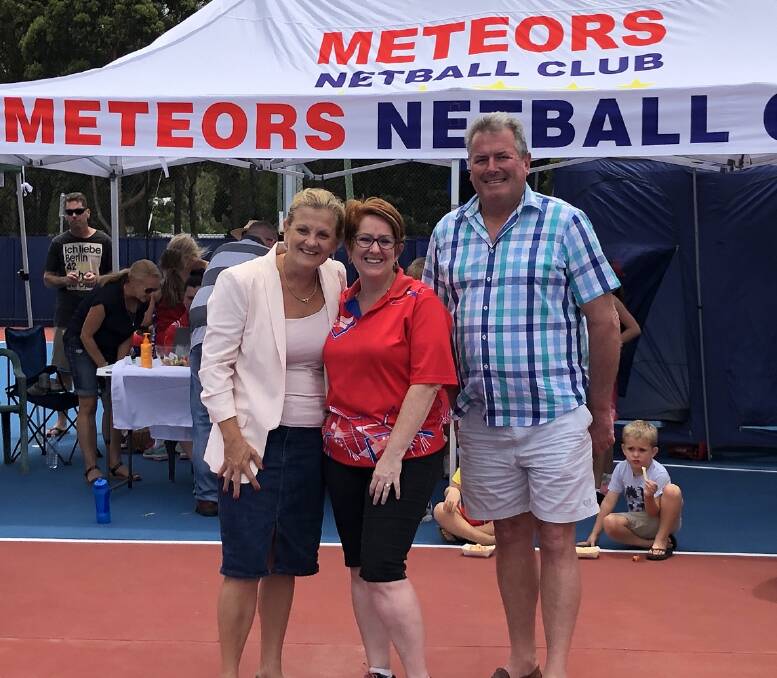 ON THE BALL: Mayor Karen Williams, Meteors Netball Club president Liz Heagney and Cr Murray Elliott. Photo: Redland City Council