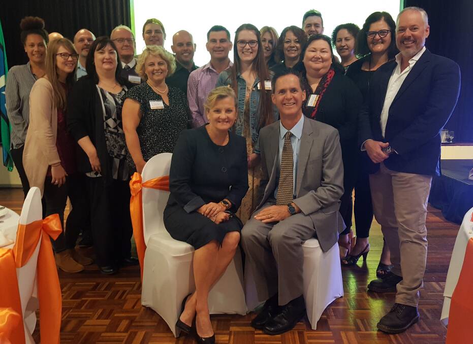 SUPPORTING CHAPLAINS: Redland City mayor Karen Williams with guest speaker Pastor Neale Collier (seated) surrounded by school chaplains from state schools in the Redlands. Photo: Supplied