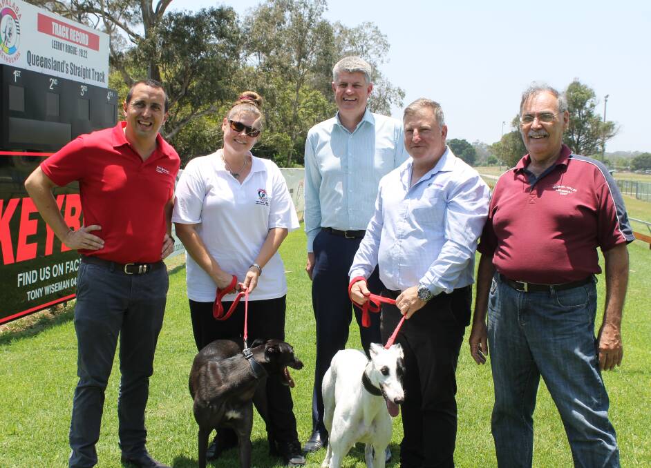 ON TRACK: Capalaba MP Don Brown and (middle) Racing Minister Stirling Hinchliffe, with Capalaba Greyhound Racing Club treasurer Erin Cameron, president John Catton and manager Bob Patching. Photo: Cheryl Goodenough