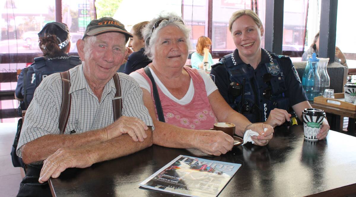 At Coffee with a Cop at Alexandra Hills Shopping Centre on Friday were Ron and Denise Schofield from Russell Island with Senior Constable Donna Chai. Photo: Cheryl Goodenough