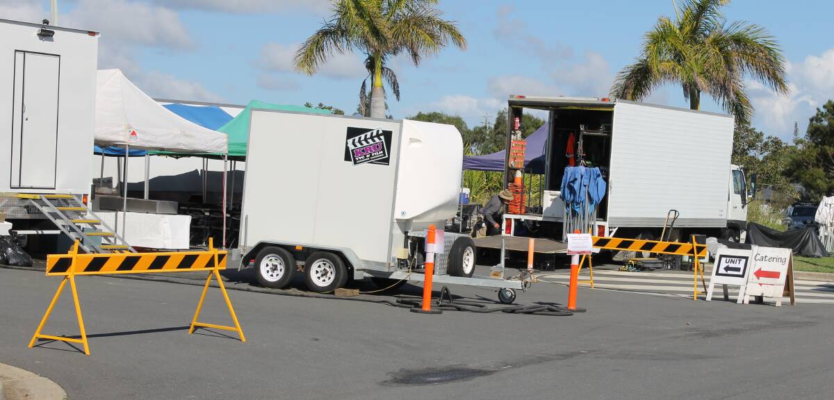 ON SET: Film crews set up trailers at Raby Bay on Monday. Photo: Cheryl Goodenough