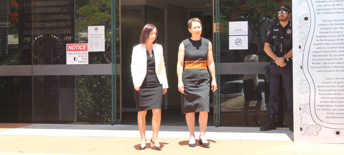 IN REDLANDS: Attorney-General Yvette D'Ath and Youth Minister Di Farmer outside the Redland City Council offices ahead of Monday's cabinet meeting. Photo: Cheryl Goodenough