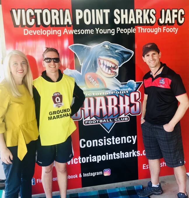 FEEDBACK SOUGHT: Redlands MP Kim Richards with Victoria Point Sharks Junior Football Club member Corey Sells and club president Justin Stone.