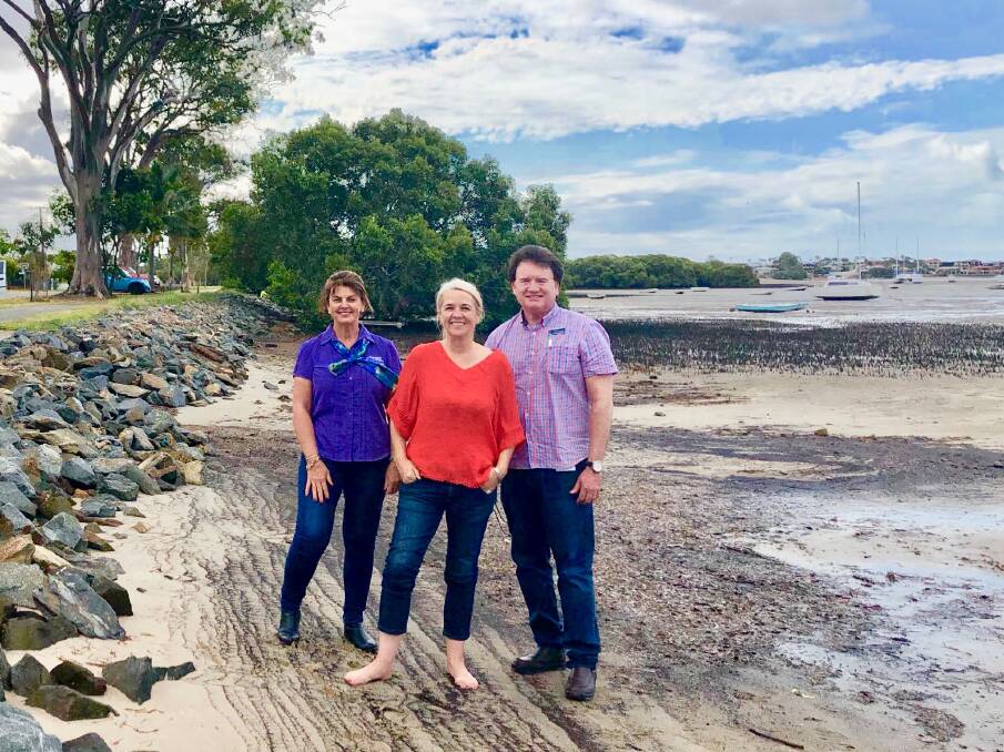 ON THE COAST: Redland City councillors Wendy Boglary and Lance Hewlett, with Redlands MP Kim Richards who says the state government grant will help council prepare for the changing climate.