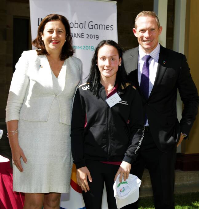 AT PARLIAMENT: Mount Cotton swimmer Paige Leonhardt (middle), with Premier Annastacia Palaszczuk and Sport Minister Mick de Brenni during a function at Parliament House.