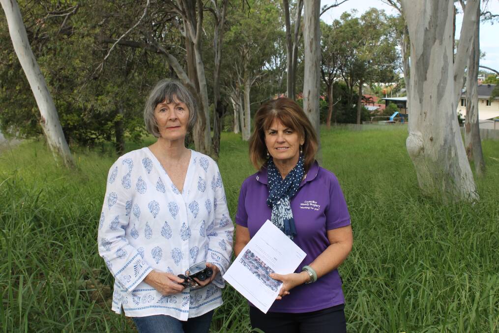 AT ORMISTON: Koala Action Group secretary Jennifer Niall with Cr Wendy Boglary in front of the Cowley Street land. Photo: Cheryl Goodenough