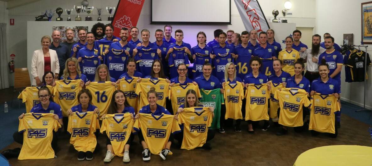 PRESENTATION: The Women's National Premier League and Football Queensland Premier League squads show the blue home kits and yellow away kits.