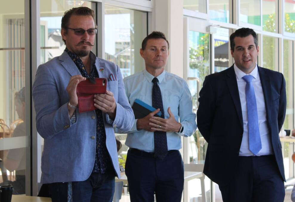 REASSURING: Assistant Treasurer Michael Sukkar (right) with Cr Paul Bishop and Bowman MP Andrew Laming. Photo: Cheryl Goodenough