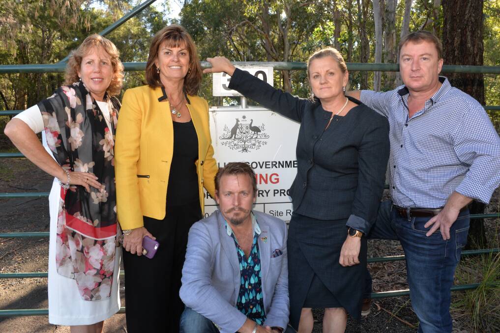 BIRKDALE: Crs Tracey Huges, Wendy Boglary, Paul Bishop, Karen Williams and Paul Gleeson at the entrance to Commonwealth land at Birkdale that Redland City Council has been negotiating to buy for years. Photo: Brian Williams