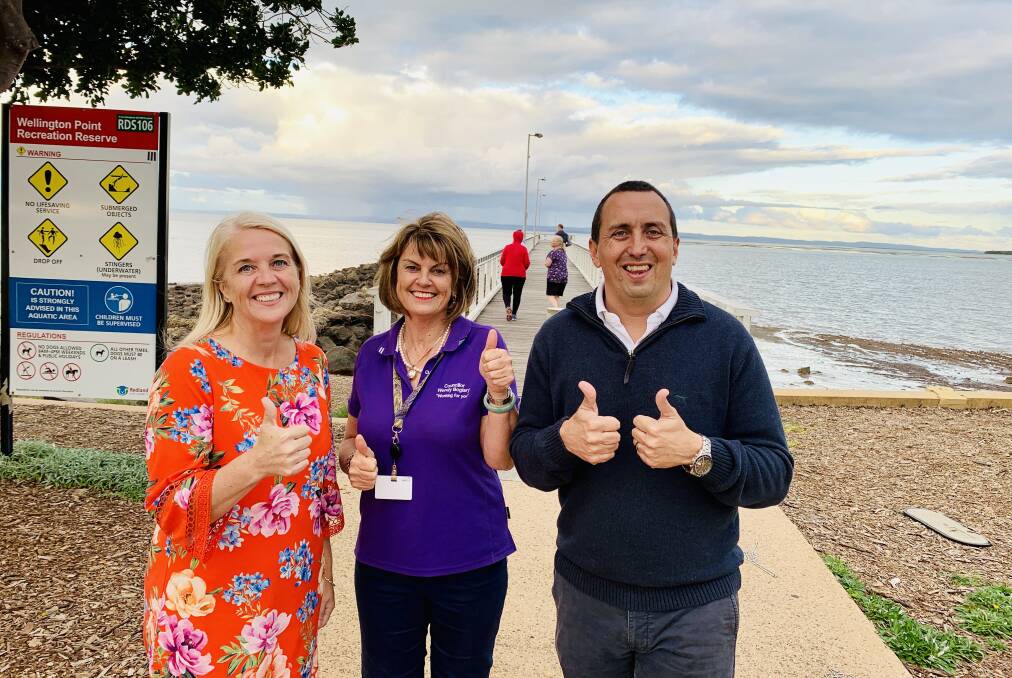 THUMB'S UP: Redlands MP Kim Richards, Cr Wendy Boglary and Capalaba MP Don Brown celebrate a grant awarded to Redland City Council for security cameras at Wellington Point.