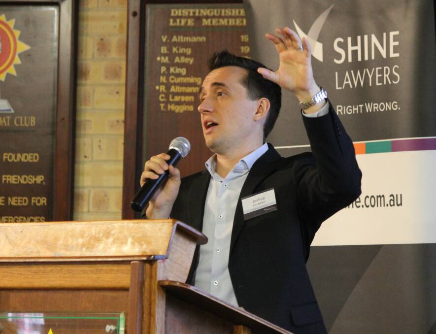 AT CLEVELAND: Shine Lawyers special counsel Joshua Aylward speaks at a meeting at Cleveland on Tuesday about a possible class action against Redland City Council. Photo: Cheryl Goodenough