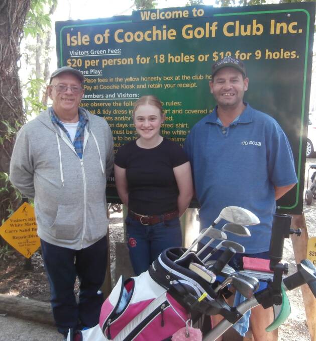 CHAMP: Isle of Coochie Golf Club president Brian Aitken, junior champion Miranda Newton and juniors coach Steve King.