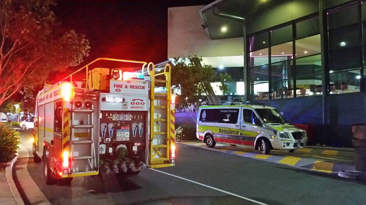 LAKESIDE: Emergency services on scene outside the movies at Victoria Point Lakeside Shopping Centre. Photo: Cheryl Goodenough
