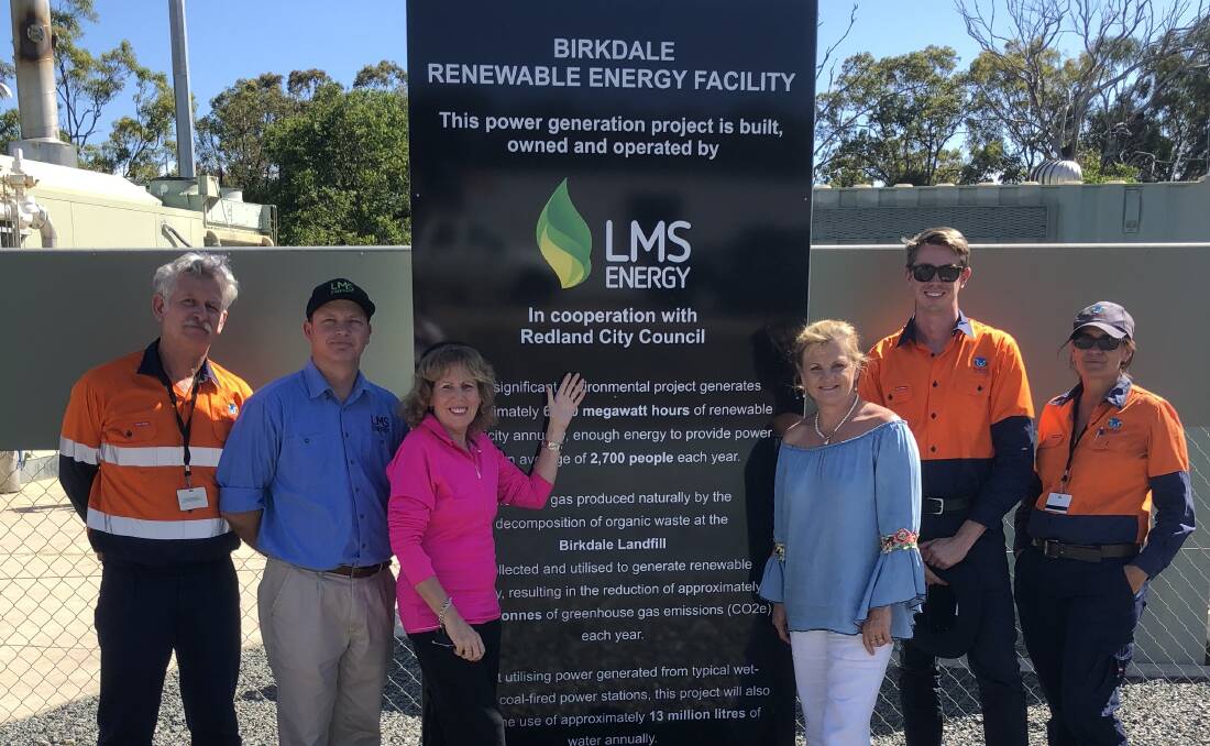 ON SITE: Council officers in high vis shirts, with LMS Queensland operations manger (second from left), Cr Tracey Huges and mayor Karen Williams mark the second stage of the Birkdale landfill gas extraction project.