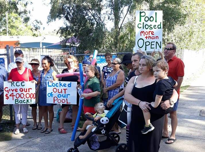 PROTEST: The Friends of Russell Island Swimming Pool group holds a protest outside the Bay Island Aquatic Centre last month.