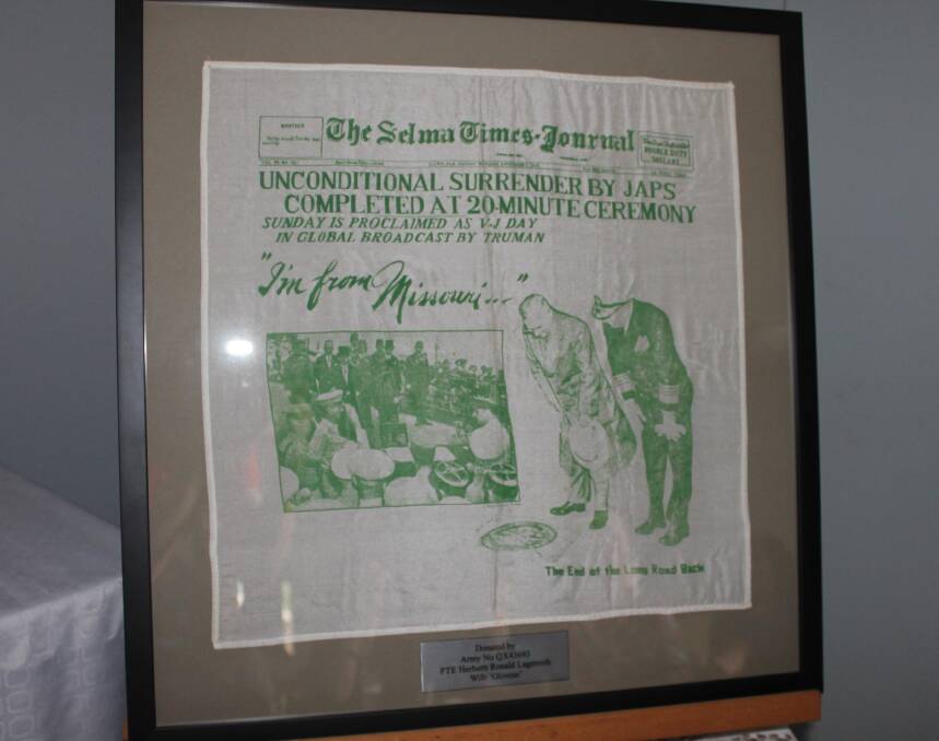 SOUVENIR: The silk souvenir of the front page of the Selma Times-Journal of September 2, 1945.