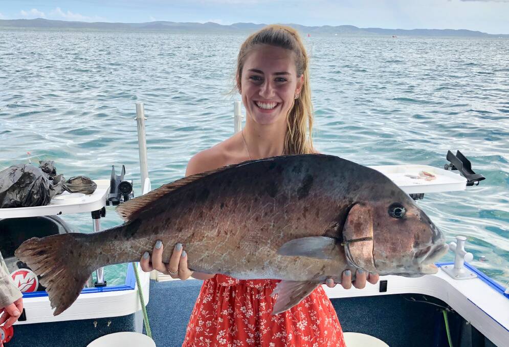 CATCH OF THE DAY: Courtney Sorrensen with a 9kg morwong off North Stradbroke on squid bait, caught at the weekend. Picture: Supplied. 