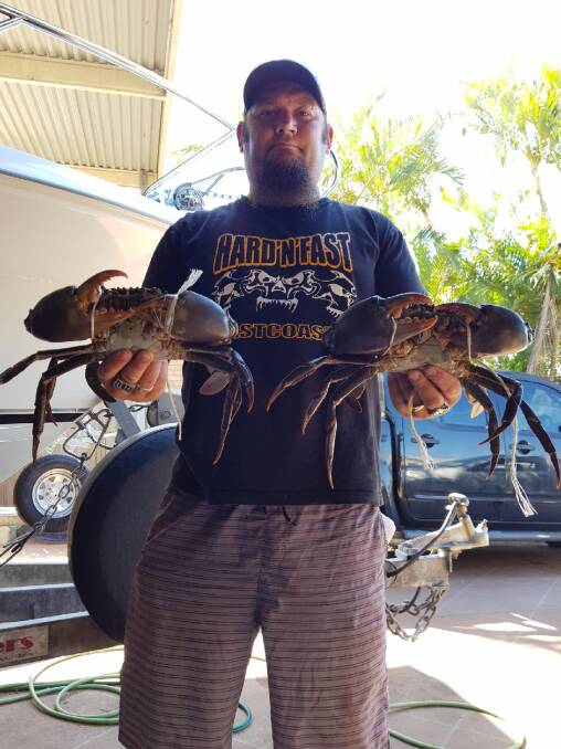 HUGE CRABS: Clint Baldwin with a feed of mud crabs from Jumpinpin caught at the weekend. Picture: Supplied. 