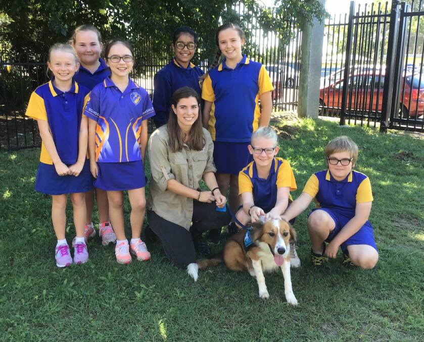 Birkdale State School students Natalie, Tiffany, Lenni, Samreen, Bella, Mason, Ben and Baxter the dog and Katrin Hohwieler. Picture: Kate Hyder. 