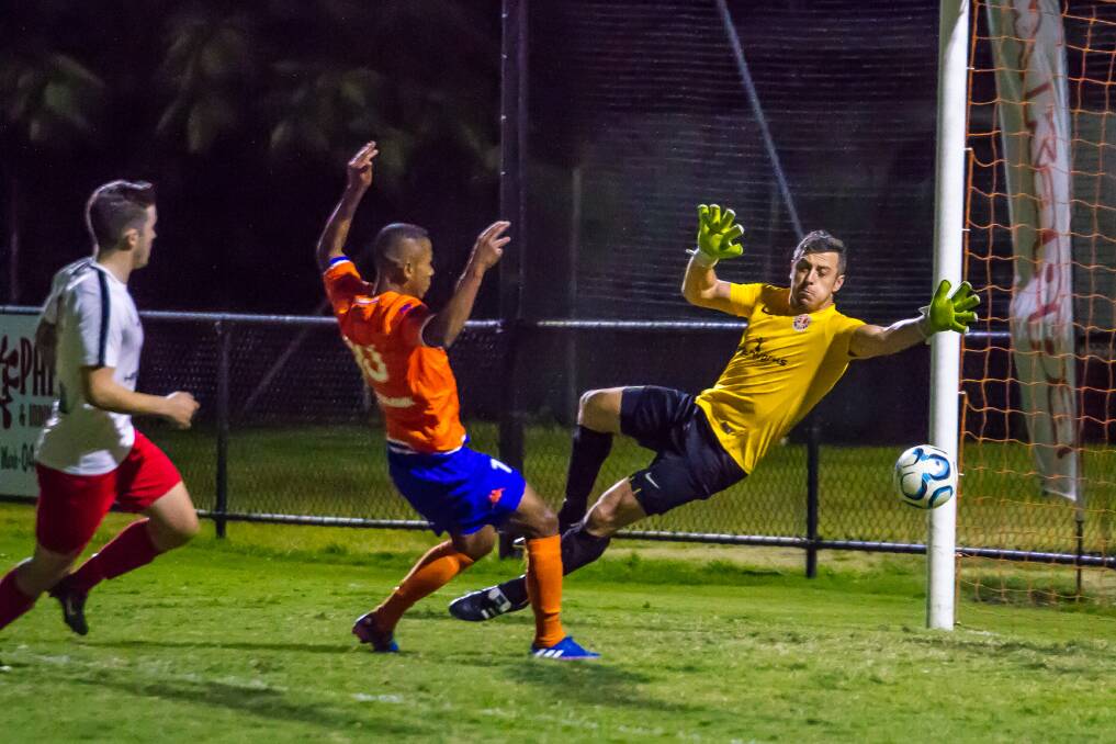 Redlands Goalkeeper Andrew Ralph was in outstanding form making numerous saves for the Red Devils. Picture: Ray Gardner