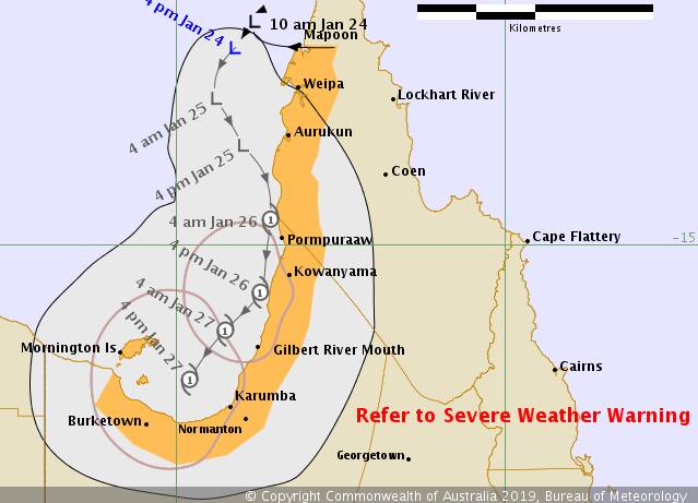 The tropical low projected path as issued by the BoM at 5pm Thursday.