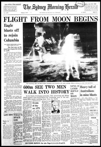 The mine explosions shared the front page of the Sydney Morning Herald with the moon landing.
