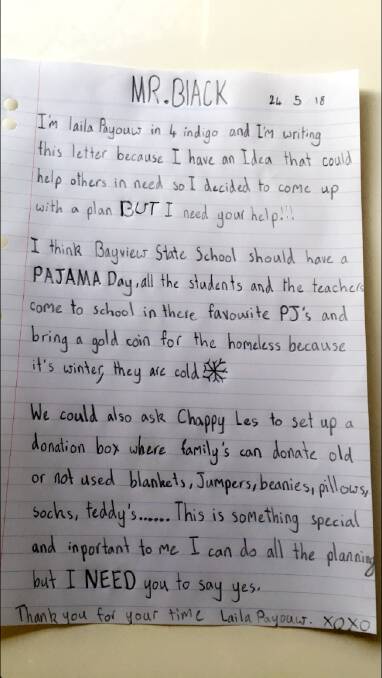 Laila's letter to Bayview State School principal Peter Black. Photo: Supplied