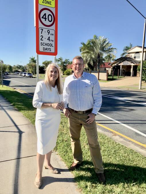 SAFETY FIRST: Division 3 councillor Paul Golle and Redlands MP Kim Richards at BayView State School who received the light signals in the last round of schools.