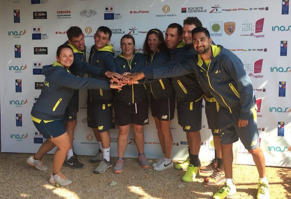 SUCCESS: Head coach Alison Scott with Mitchell James (QLD), Joshua Holloway (QLD), Carla Lenarduzzi (VIC), Kelly Wren (NSW), Damian Phillips (NSW), Archie Graham (QLD) and manager Jay Schuback.
