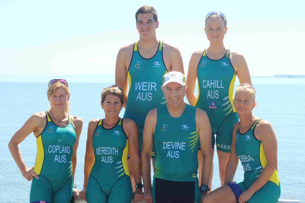 Eight Sharks Triathlon Club members qualified to compete in the ITU Triathlon World Finals at Southport. Pictured is Declan Weir, Laura Cahill, Bridget Copland, Linda Meredith, Noel Devine and Sue Robba. Photo: John Warlters