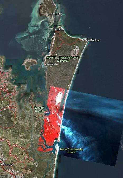 BUSHFIRE: Satellite imagery showing bushfire at North Stradbroke Island. Queensland Government Queensland Glob