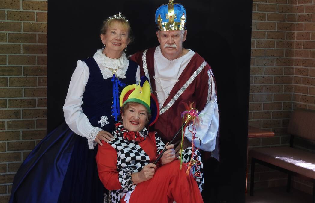 KING'S SPEECH: Suzanne Kelly as Queen Elizabeth I, Lee Doyle as Henry VIII and Mary Mullins as a court jester. Photo: Supplied