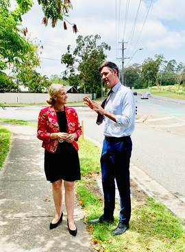 PROJECT BEGINS: Redlands MP Kim Richards with Transport Minister Mark Bailey near the Anita Street intersection with Cleveland-Redland Bay Road. Photo: Supplied
