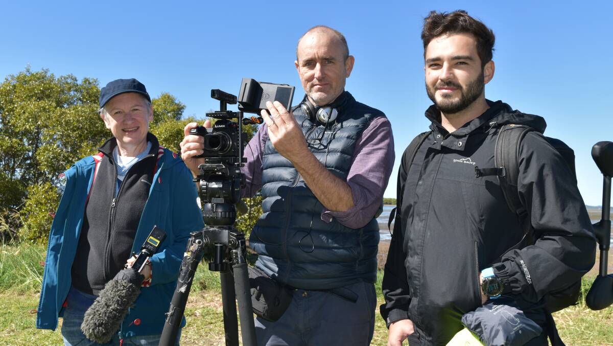 Flyways producer Rebecca McElroy, director Randall Wood and Estebah Rivera, who records aerial footage of Moreton Bay using drones. Photo: Hannah Baker