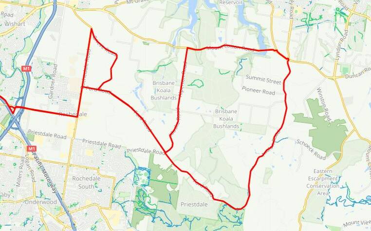 CYCLING TOUR: The ride loops from South Bank to Mount Coot-tha, the Redlands and back via the South East Busway and over the Story Bridge. Photo: Open Street Map