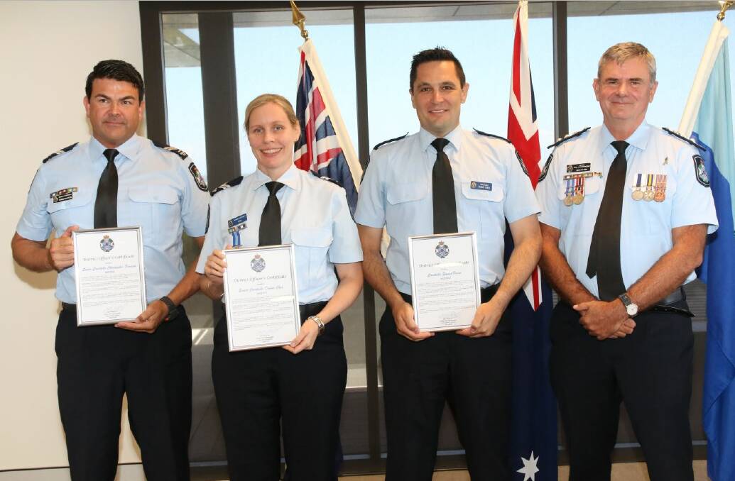 TOP JOB: District Officer Certificates were presented to Capalaba’s senior constables Chris Pearson, Donna Chai and Constable Stuart Power by Acting Assistant Commissioner Brian Wilkins for their commendable actions displayed in the execution of their duty. Acting Chief Superintendent Mick Niland is pictured to the right. Photo: Queensland Police Service