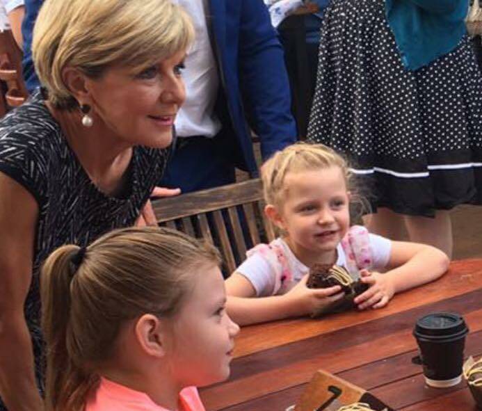 FLY-IN: Acting Prime Minister Julie Bishop visited the Grand View Hotel at Cleveland to deliver a speech to diners and enjoy a coffee and muffin for breakfast. Photo: Supplied