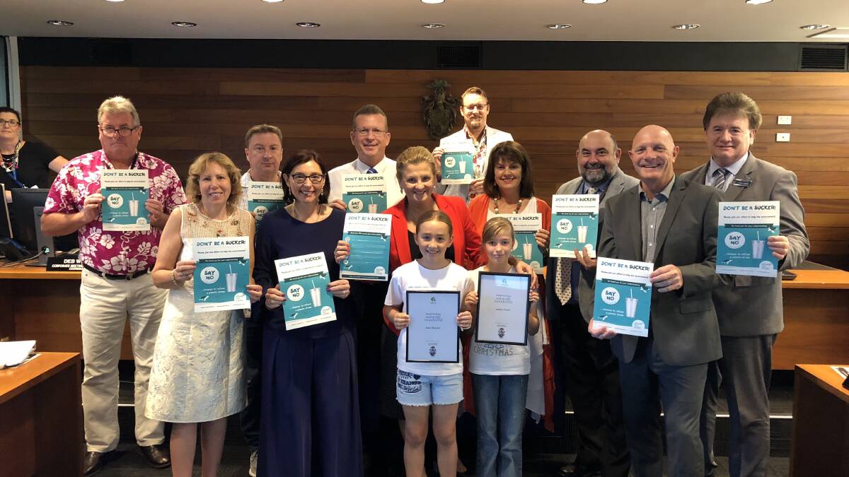 MARINE FOCUS: Kate Beutel and Lacey Frost, both 9, asked councillors to join the #strawnomore campaign to help reduce marine plastic litter. Photo: Supplied