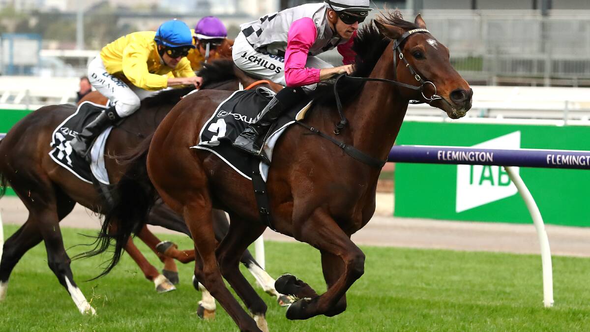 MELBOURNE, AUSTRALIA - OCTOBER 05: Surprise Baby ridden by Jordan Childs wins race 8 the The Bart Cummings during Turnbull Stakes Day at Flemington Racecourse on October 05, 2019 in Melbourne, Australia. (Photo by Kelly Defina/Getty Images)