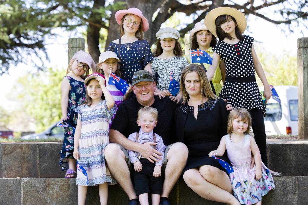 Mark and Claire Hooker with their nine children, pictured on Australia Day 2020. Picture: Jamila Toderas