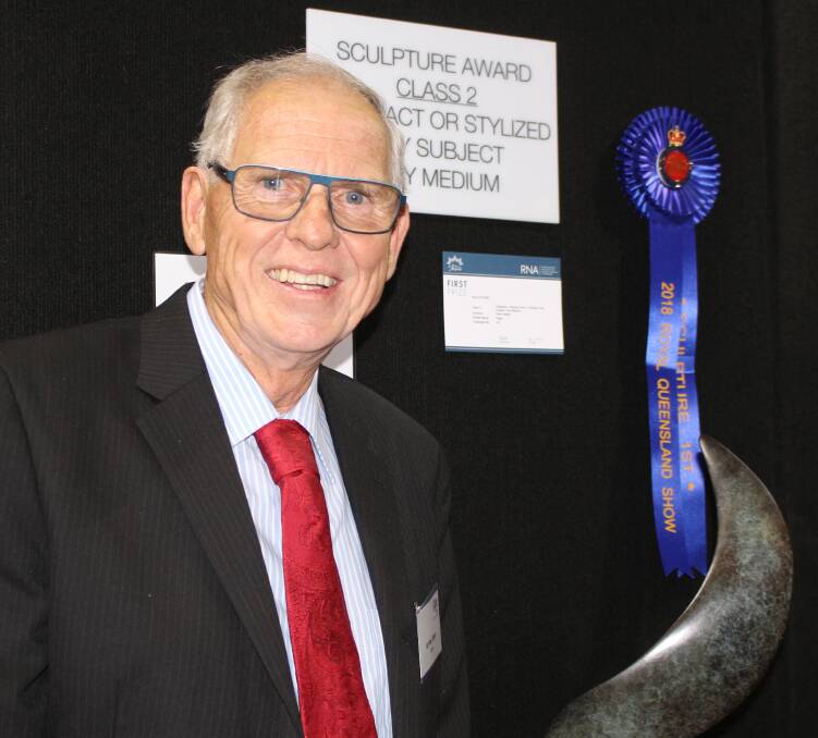 NEW EXHIBITION: Sculptor Peter Steller with his winning entry in the 2018 sculpture section of the fine arts at the Ekka. He is now in a new exhibition with other artists at Wooloongabba.