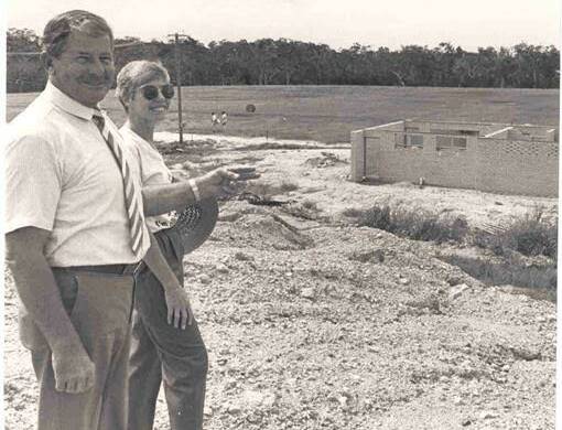 PARK: Redland Shire Chairman Merv Genrich and Parks Committee chair Judy Holt inspect work on the Rugby Union clubhouse at the Randall Road oval on February 1985.


